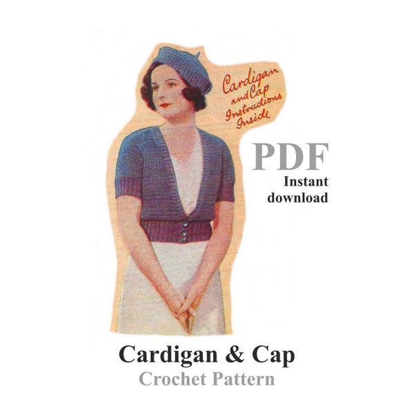 Crochet Cardigan & Cap 1930s Fashion With Knitted Rib Vintage Crochet PDF Pattern. Instant Download