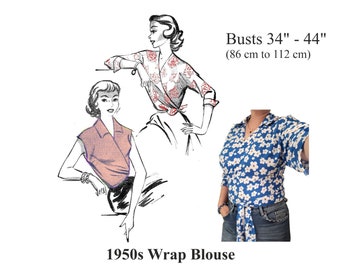 1950s Wrap Blouse Top Sewing Pattern Busts 34 - 44 PDF Instant Download