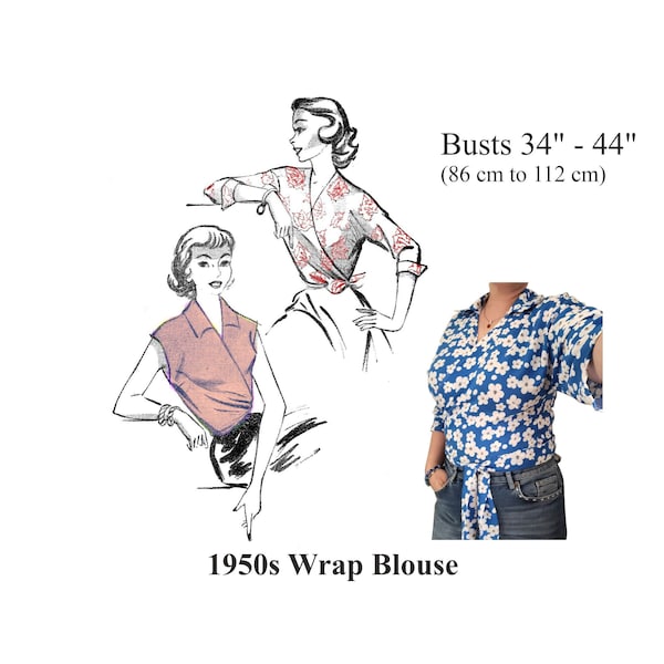 1950s Wrap Blouse Top Sewing Pattern Busts 34 - 44 PDF Instant Download