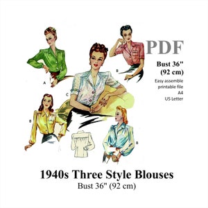 Op de afbeelding: Vier vintage illustraties van vrouwen die verschillende stijlen blouses dragen. De blouses zijn allemaal wit met verschillende patronen en details. De tekst "1940s Three Style Blouses Bust 36" (92 cm)" staat onderaan de afbeelding.