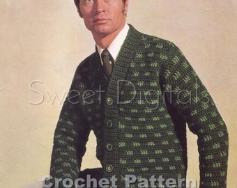May include: A crochet cardigan pattern in green and white. The pattern is for a men's cardigan with a button-up front and long sleeves. The pattern is available as a digital download.