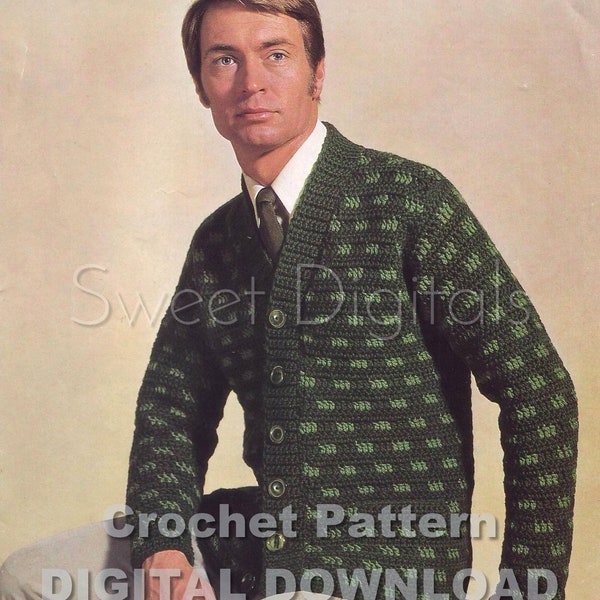 Mens Crochet Cardigan/ Jacket/ Jumper. Chest 38"-44". Vintage. PDF Pattern. Instant Download