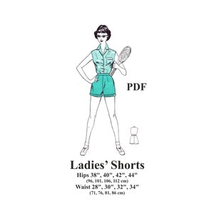 May include: A line drawing of a woman wearing a sleeveless shirt and shorts, holding a tennis racket. The text "Ladies' Shorts" is below the image, along with size measurements in inches and centimeters.
