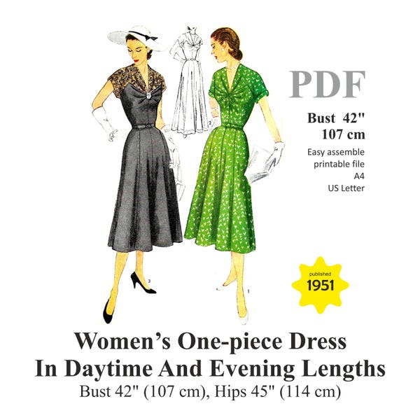1951 ééndelige jurk dames naaipatroon buste 42" (107 cm) pdf directe download vintage jurkpatroon