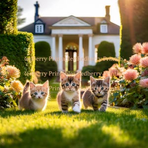 Chats dans les jardins Clipart. JPG 3,5 pouces, PNG et JPG 300 ppp 12 pouces. Fabricants de cartes, scrapbookers et fournitures pour artisans. Chatons qui jouent