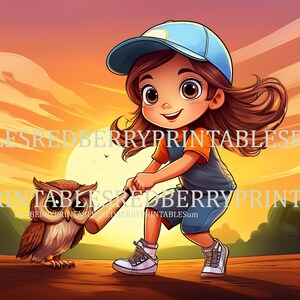 Diseños para tazas, camisetas, ilustraciones de libros, niña en situaciones cotidianas con niño y su jirafa. Clipart en 12 y 2 pulgadas