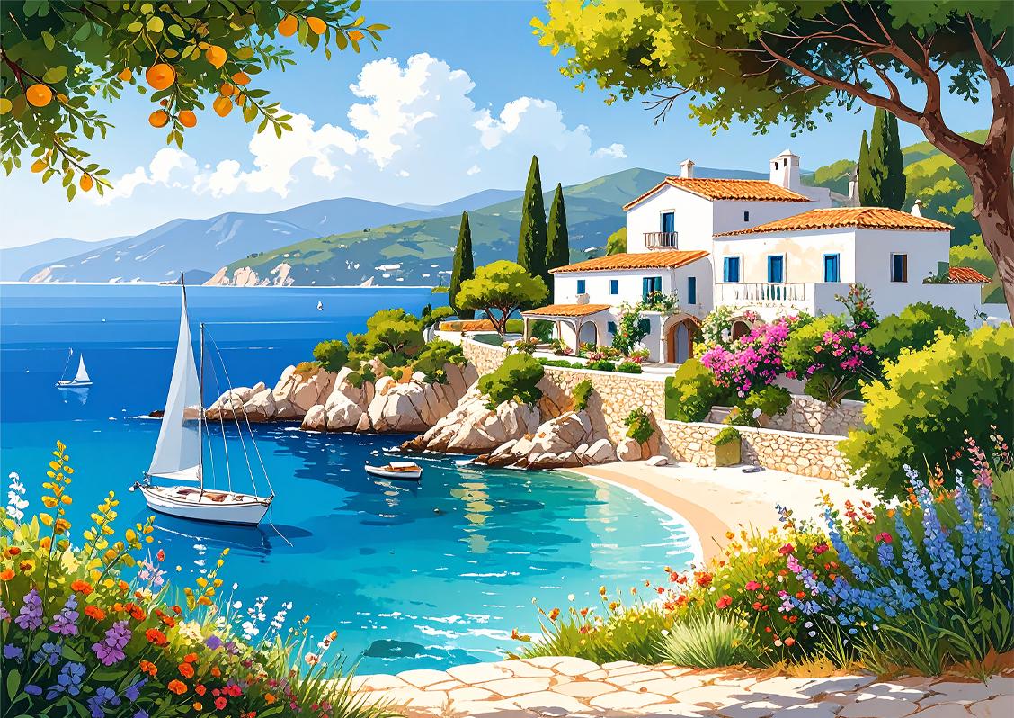 Water Color Mediterranean Summer Painting a white house on the rocks adjacent to the beach.