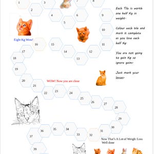 Könnte beinhalten: Ein Spielbrett mit einem Pfad aus sechseckigen Kacheln, die Illustrationen von Katzen zeigen. Das Spiel beinhaltet Gewichtsverlust, indem jede Kachel markiert wird, sobald man sie abgeschlossen hat. Der Text auf dem Brett lautet "Follow The Trail To Your Goal", "Eight Kg Wow!" und "WOW! Now you are close".