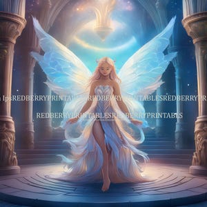 May include: A fairy with iridescent wings and a flowing white gown stands in a grand hall with pillars. The fairy has long blonde hair and blue eyes. The hall is lit by a soft, ethereal light.