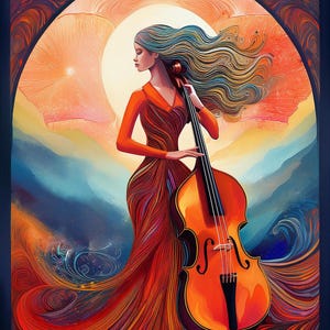 Impression artistique murale représentant des femmes jouant du violoncelle et du violon. Images haute définition et licence commerciale incluses. 3 tailles : 20 x 16 po. 10 x 8 po. 5 x 4 po.