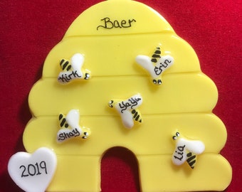 Personalized Bee Hive with honey bees Christmas tree ornament (can hold up to 11 bees)- Baer Hands