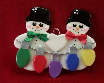 Snowman Couple/Family Personalized Christmas tree Ornament with up to 7 lights