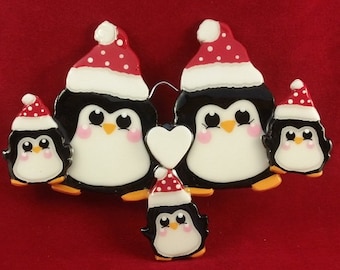 Penguin Couple/ Family Personalized Christmas tree Ornament with up to 5 kids- Baer Hands