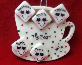 Cup of Cocoa and marshmallows/ Coffee and sugar cubes Family Christmas tree Ornament (1- 7 names) Baer Hands