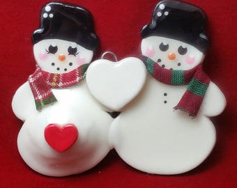 pregnancy snowman couple Christmas tree ornament with 0-3 little snowmen