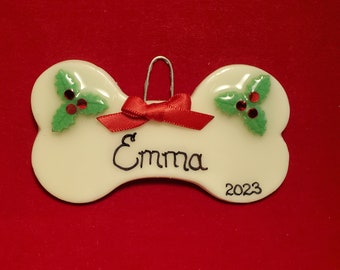 Dog Bone personalized Christmas ornament with Holly