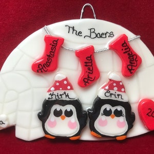 Igloo with penguin couple personalized (dough) Christmas tree ornament