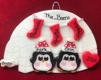 Igloo with penguin couple personalized (dough) Christmas tree ornament