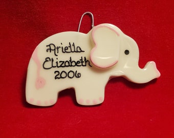 Elephant highlighted in pink or blue personalized dough Christmas tree ornament- Baer Hands