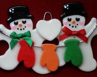 Couple snowman personalized family Christmas tree ornament with mittens (1-7 mittens)