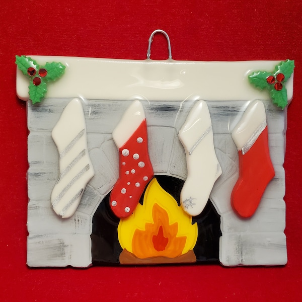 Cozy fireplace personalized dough ornament with up to 8 stockings- Baer Hands