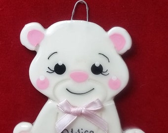 Medium Bear in pink or blue baby's first Christmas personalized dough ornament- Baer Hands