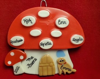 Personalized Mushroom house family Christmas tree dough ornament- handmade Baer hands