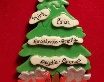 Personalized Snowy Christmas tree with presents. 1-8 names.