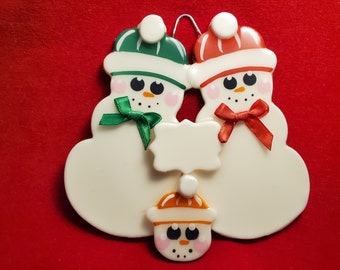 Snowman Couple/Family Personalized Christmas tree Ornament wearing colorful hats with up to 5 kids and 2 pets