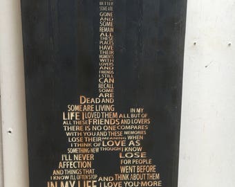 In my life Lyrics carved in wood