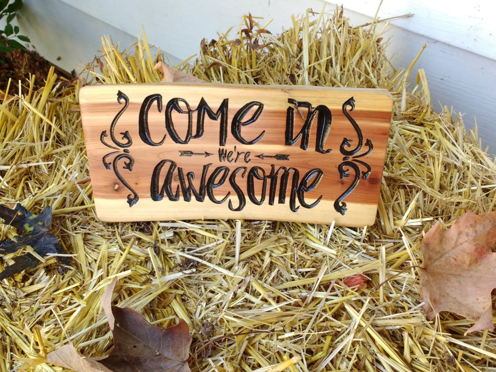 Welcome sign/Cedar log welcome porch sign. Carved Come in | Etsy