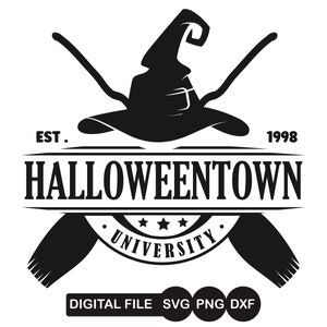 K&ouml;nnte beinhalten: Schwarzwei&szlig;es Logo-Design f&uuml;r die "Halloweentown University", gegr&uuml;ndet 1998. Das Logo zeigt einen Hexenhut mit gekreuzten Besen und Sternen.