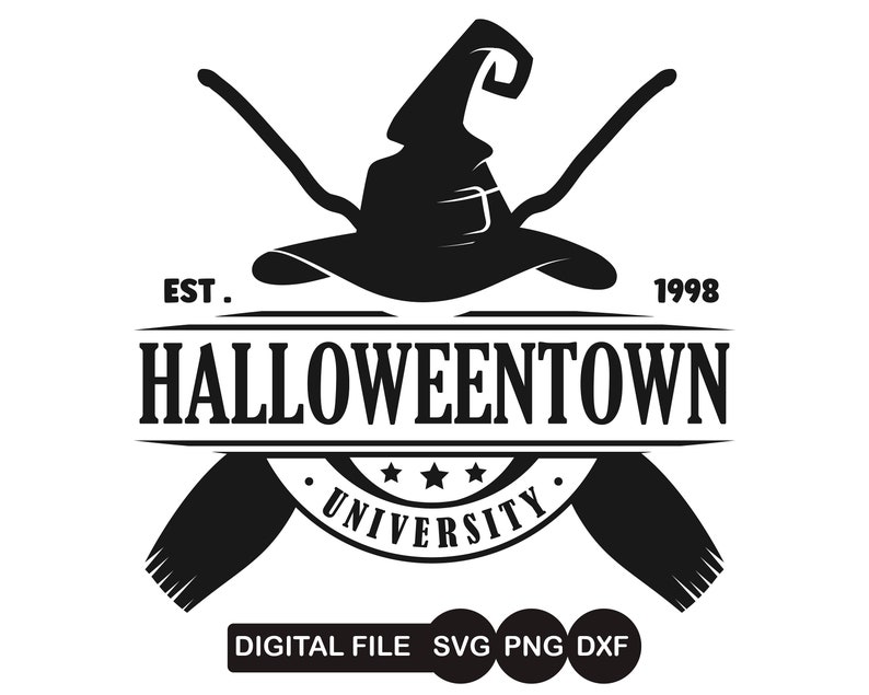 K&ouml;nnte beinhalten: Schwarzwei&szlig;es Logo-Design f&uuml;r die "Halloweentown University", gegr&uuml;ndet 1998. Das Logo zeigt einen Hexenhut mit gekreuzten Besen und Sternen.