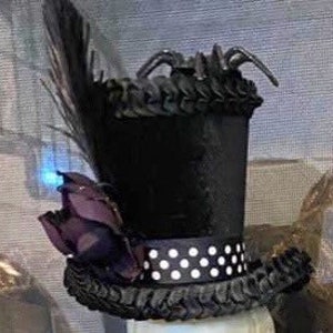 May include: A black top hat with a white polka dot band, a purple flower, and a black feather.  The hat is decorated with black spiders.