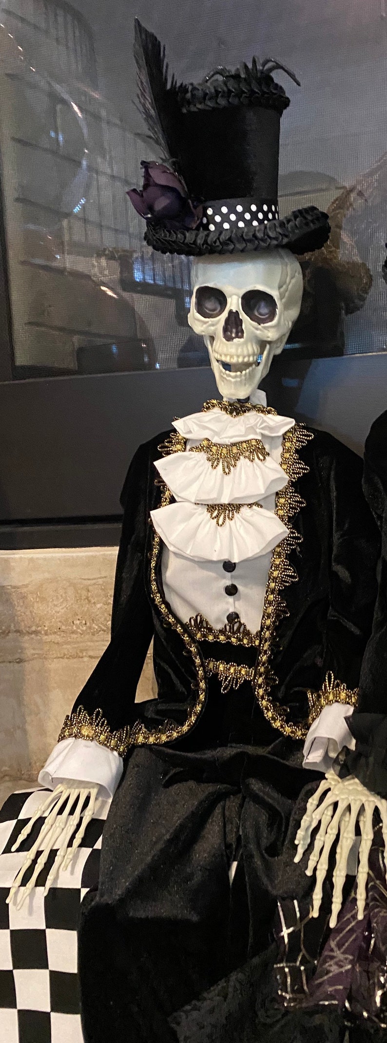 May include: A skeleton wearing a black velvet suit with gold trim and a white ruffled shirt. The skeleton is wearing a black top hat with a white polka dot band and a feather.