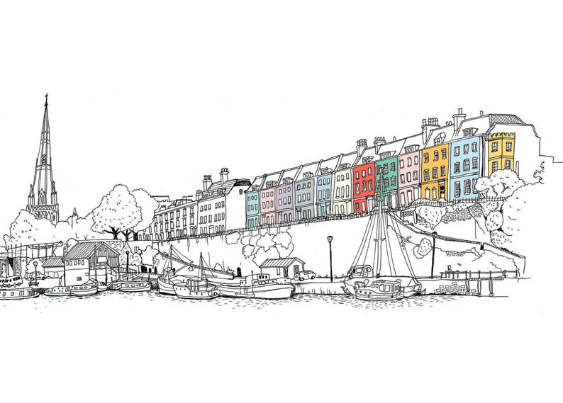 Bristol Illustration, Fine Art Print, Bristol Thekla and Floating Harbour White Sky Original