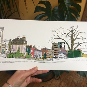 Bristol illustratie, fine art print, weergave van Stokes Croft van 9 Tree Hill, Bristol, kleur afbeelding 3