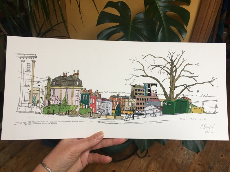 Bristol illustratie, fine art print, weergave van Stokes Croft van 9 Tree Hill, Bristol, kleur afbeelding 3