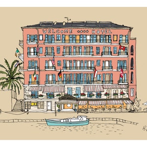 Welcome Hotel, Villefranche-sur-Mer. Limited edition fine art print of original illustration.