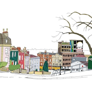 Bristol illustratie, fine art print, weergave van Stokes Croft van 9 Tree Hill, Bristol, kleur afbeelding 1