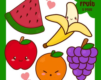 Fruit Clipart | Kawaii Fruit Clipart | Cute Fruit | Fruit Clipart | Fruit Clip art | Fruit Graphics | Kawaii Apple | Kawaii Banana