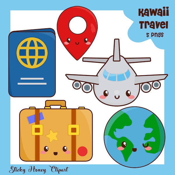 Travel Clipart | Kawaii Travel Clipart | Cute Travel | Airplane Clipart | Kawaii Globe Clipart | Travel Graphics | Vacation Clipart