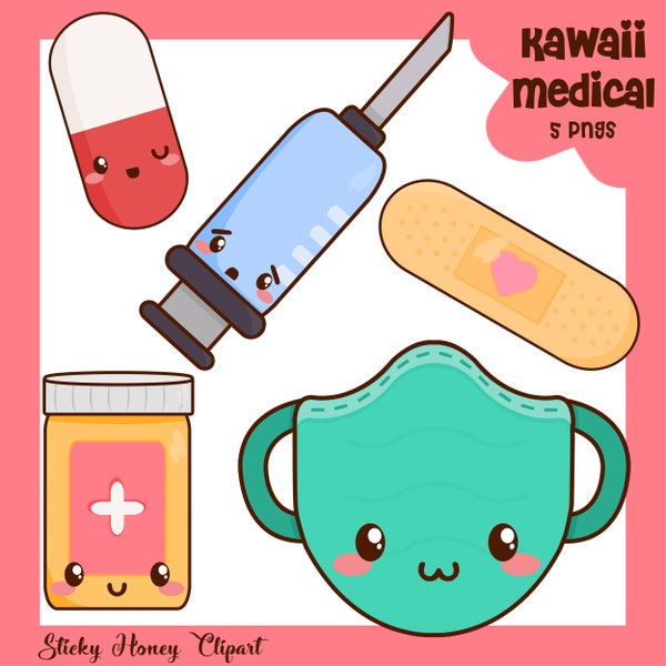 Medical Clipart | Kawaii Medicine Clipart | Cute Mask | Medicine Clipart | Kawaii Health Clipart | Medicial Graphics  | Pill Clipart