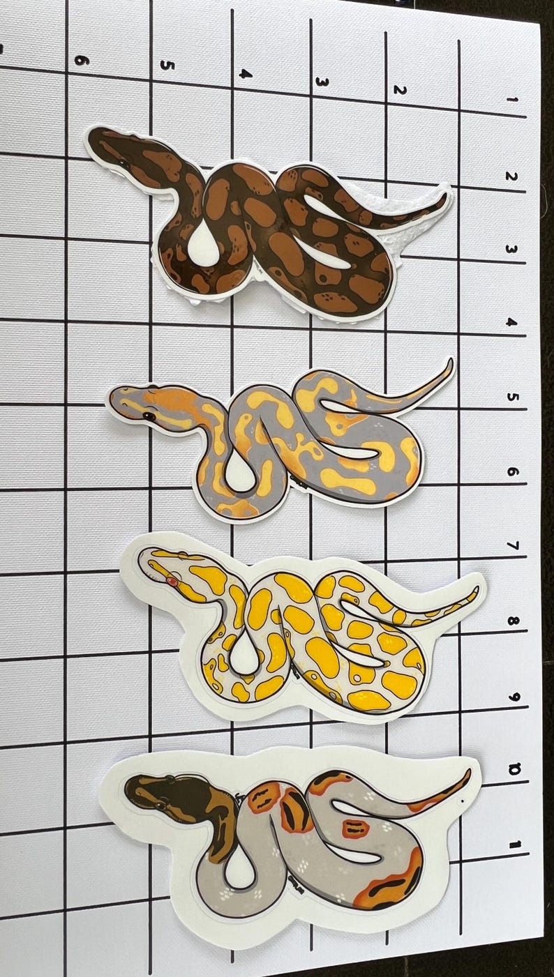 May include: Four snake stickers. The top sticker is brown and tan. The second sticker is grey and yellow. The third sticker is white and yellow. The bottom sticker is grey, brown, and orange. All stickers have a white border.