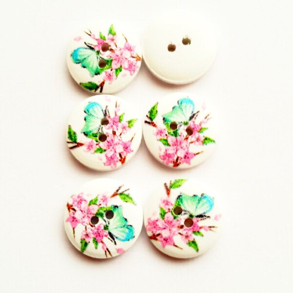 Butterfly Buttons, Painted Wood Buttons, Flower Buttons, 2 Hole Button, Sewing Button, DIY Crafts, 7 Pieces, 20 mm, 3/4 Inch Buttons, WB13