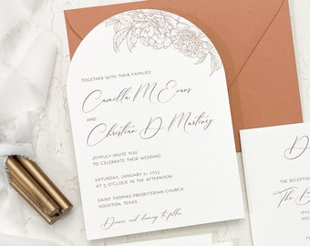 Arch cut wedding invitation, terracotta invitation, floral arch wedding, terracotta wedding invitation suite, modern arch invitation suite