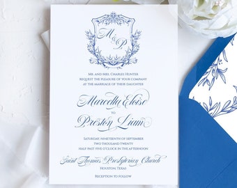 Blue monogram wedding invitation, classic invitation, wedding crest monogram, wedding crest invitation, blue wedding, printed invitations