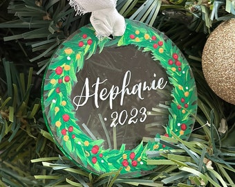 Custom Christmas Ornament, wreath ornament, hand painted ornament, ornament with kids name, acrylic ornament, gift for mom, gift for her