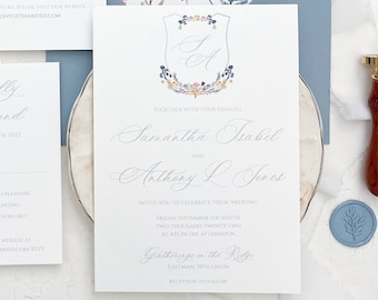 Floral crest wedding invitation, dusty blue wedding invitation, wedding monogram, wedding crest, vellum invitation, crest invitation