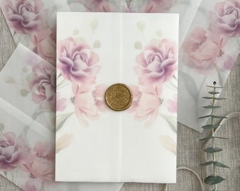 May include: Set of five white envelopes with a watercolor floral design featuring pink roses. The envelopes have a gold wax seal.